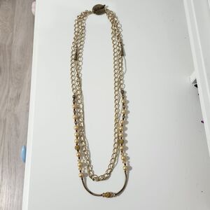 Gold Tone Long Round Beaded Chain Toggle Cord Rhinestone Layered Necklace